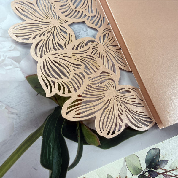 Light Pink Laser Cut Pocket and Pink Floral Wedding Invitations with Flower Cutout Design LCZ244