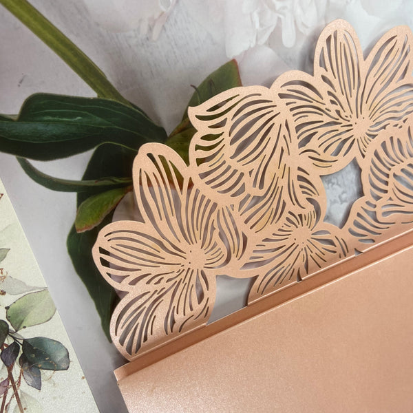 Light Pink Laser Cut Pocket and Pink Floral Wedding Invitations with Flower Cutout Design LCZ244