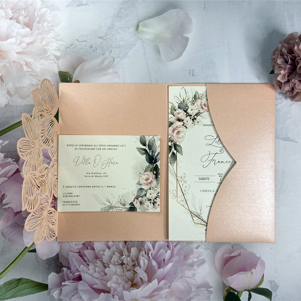 Light Pink Laser Cut Pocket and Pink Floral Wedding Invitations with Flower Cutout Design LCZ244