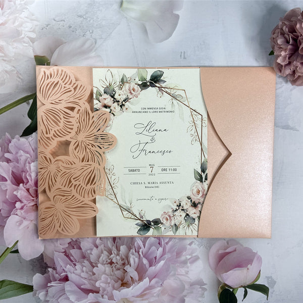 Light Pink Laser Cut Pocket and Pink Floral Wedding Invitations with Flower Cutout Design LCZ244