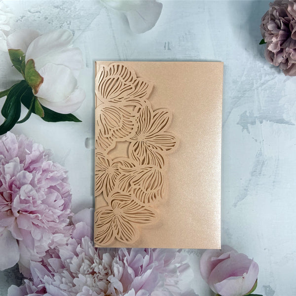 Light Pink Laser Cut Pocket and Pink Floral Wedding Invitations with Flower Cutout Design LCZ244