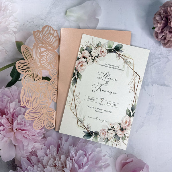 Light Pink Laser Cut Pocket and Pink Floral Wedding Invitations with Flower Cutout Design LCZ244