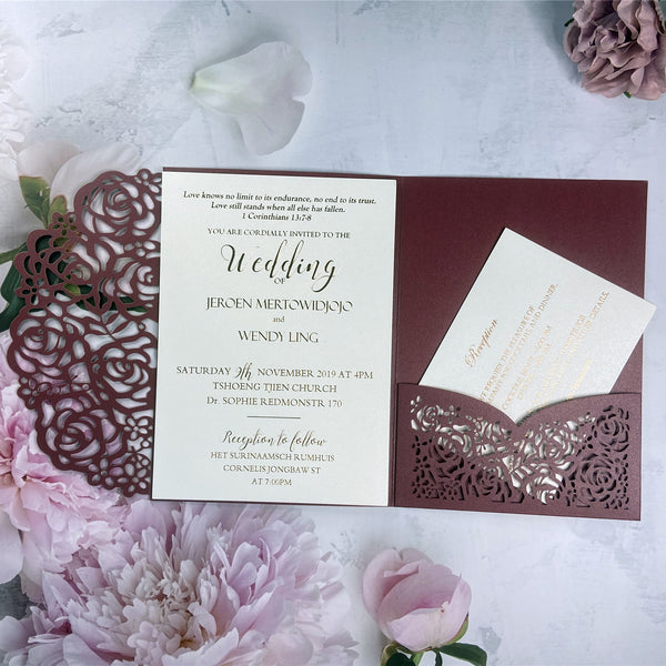 Modern Burgundy Laser Cut Pocket Fold Wedding Invitations LCZ238