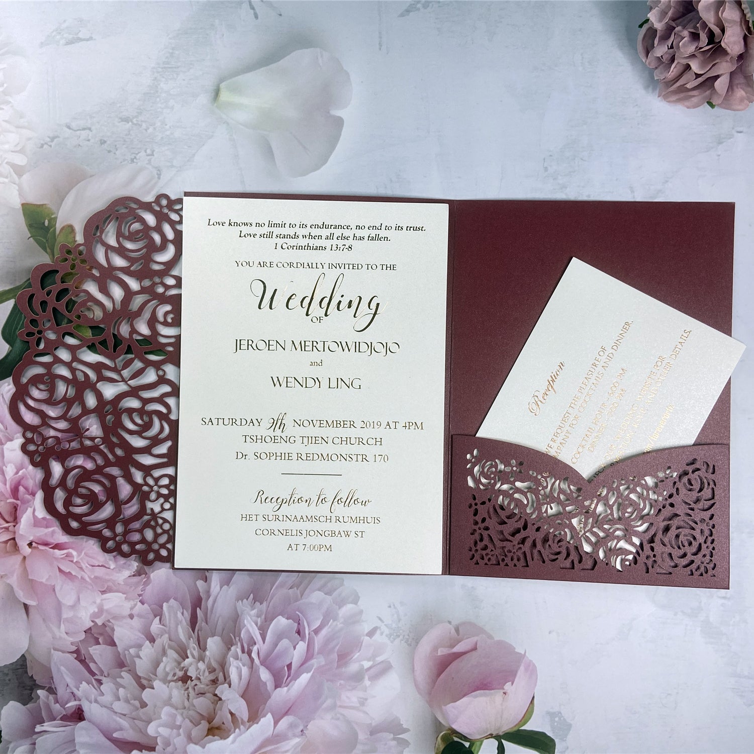 Modern Burgundy Laser Cut Pocket Fold Wedding Invitations LCZ238