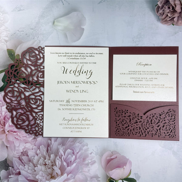 Modern Burgundy Laser Cut Pocket Fold Wedding Invitations LCZ238