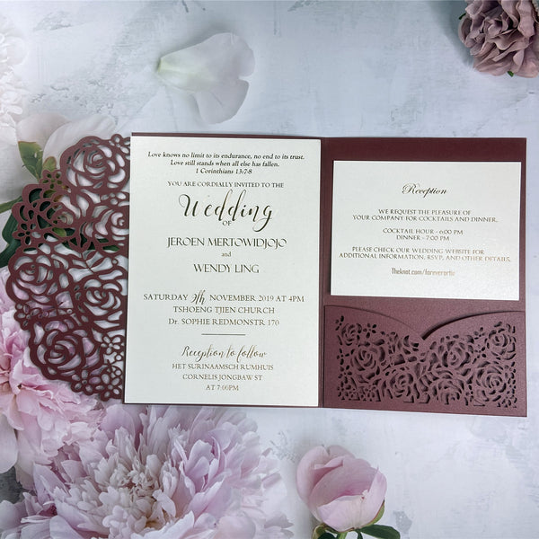 Modern Burgundy Laser Cut Pocket Fold Wedding Invitations LCZ238