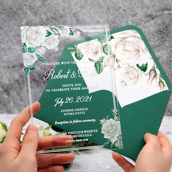Modern Spring Clear Wedding Invitations with White Roses and Green Leaves A010