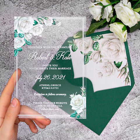 Modern Spring Clear Wedding Invitations with White Roses and Green Leaves A010