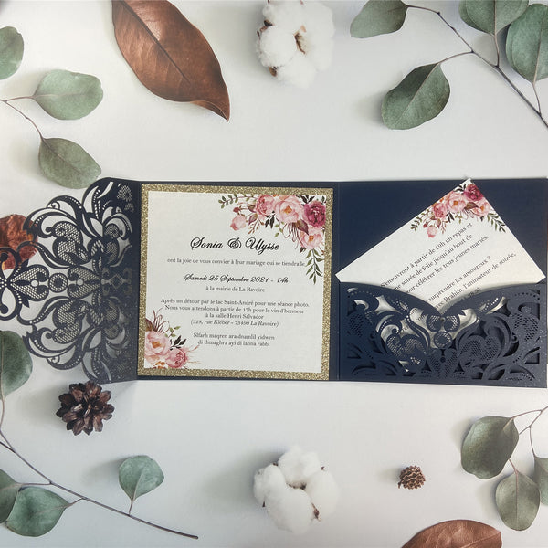 Navy Blue Laser Cut Pocket Fold with Glittery Gold foil with Blush Floral designs LCZ230