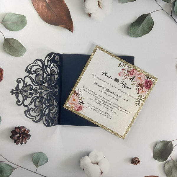 Navy Blue Laser Cut Pocket Fold with Glittery Gold foil with Blush Floral designs LCZ230