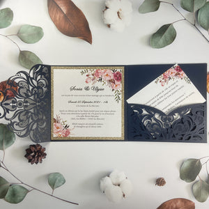 Navy Blue Laser Cut Pocket Fold with Glittery Gold foil with Blush Floral designs LCZ230