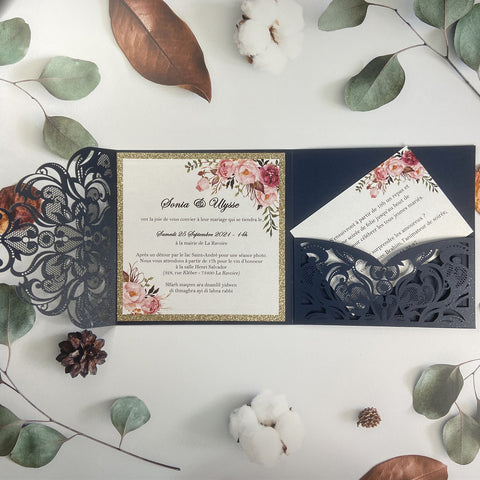 Navy Blue Laser Cut Pocket Fold with Glittery Gold foil with Blush Floral designs LCZ230