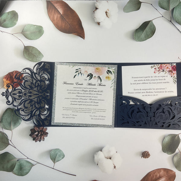 Navy Blue Laser Cut Pocket Fold with Glittery Silver foil and blush floral designs LCZ229