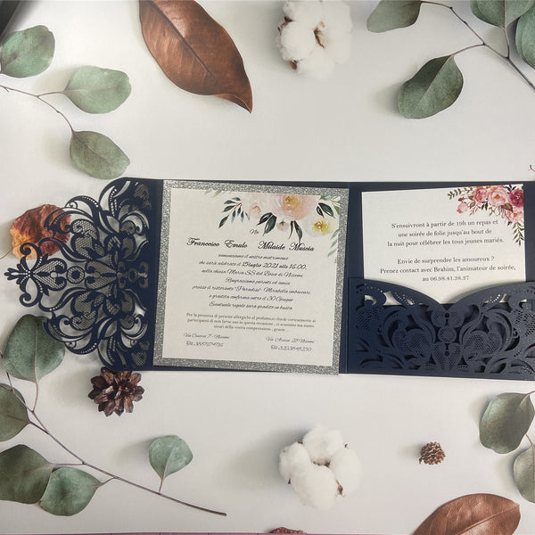 Navy Blue Laser Cut Pocket Fold with Glittery Silver foil and blush floral designs LCZ229