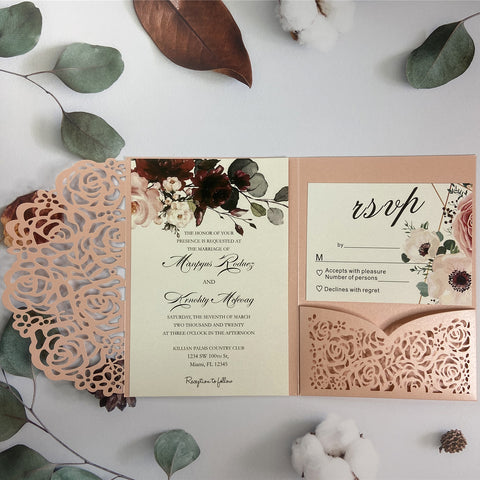 Pink Laser Cut Pocket Fold with Burgundy Floral invitations LCZ227