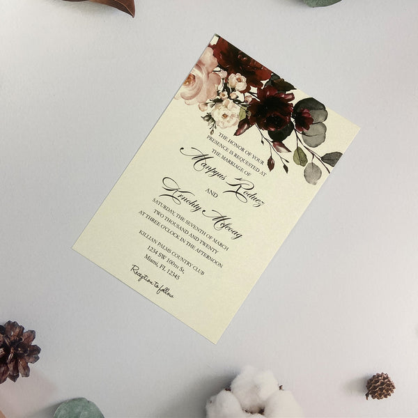 Pink Laser Cut Pocket Fold with Burgundy Floral invitations LCZ227