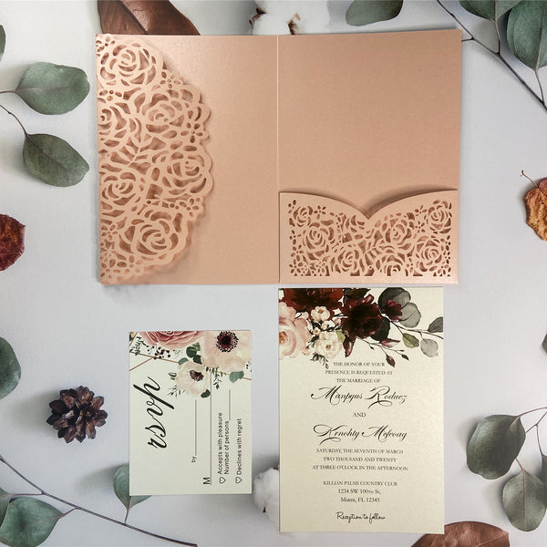 Pink Laser Cut Pocket Fold with Burgundy Floral invitations LCZ227