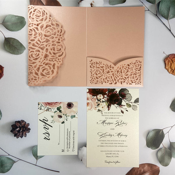 Pink Laser Cut Pocket Fold with Burgundy Floral invitations LCZ227