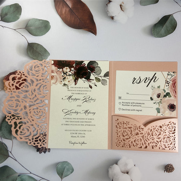 Pink Laser Cut Pocket Fold with Burgundy Floral invitations LCZ227