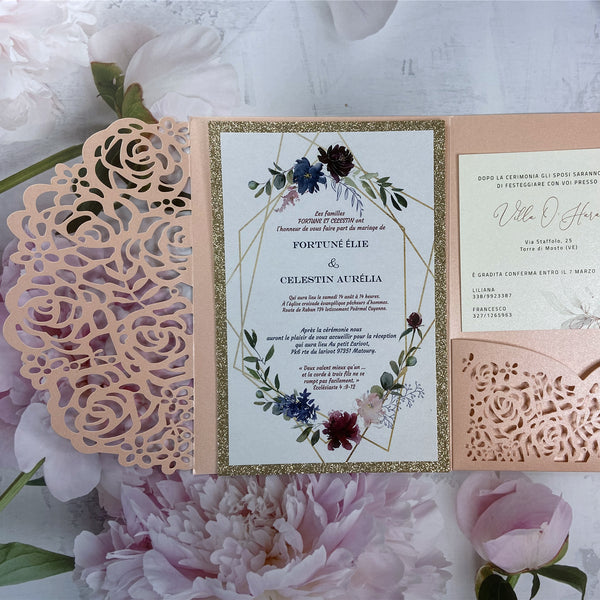 Pink Laser Cut Wedding Invitation with Floral and Champagne Gold Glittery Backer LCZ239