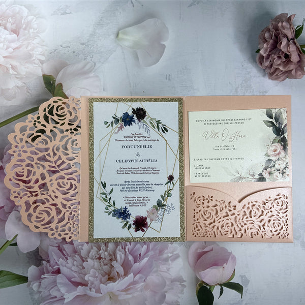 Pink Laser Cut Wedding Invitation with Floral and Champagne Gold Glittery Backer LCZ239