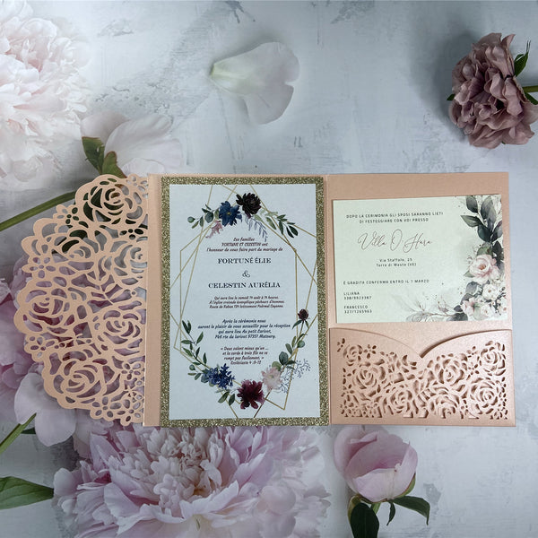 Pink Laser Cut Wedding Invitation with Floral and Champagne Gold Glittery Backer LCZ239