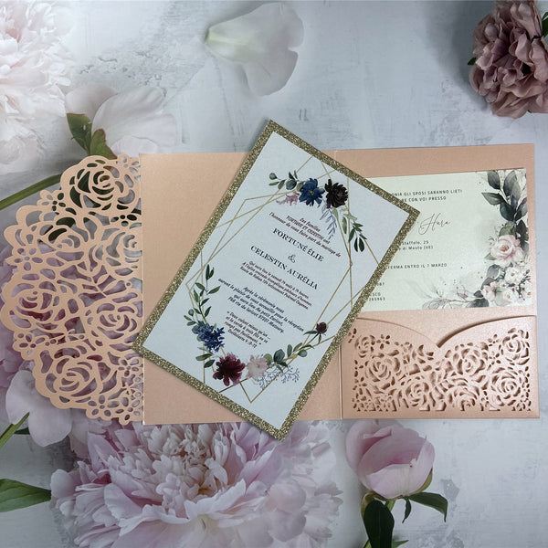 Pink Laser Cut Wedding Invitation with Floral and Champagne Gold Glittery Backer LCZ239