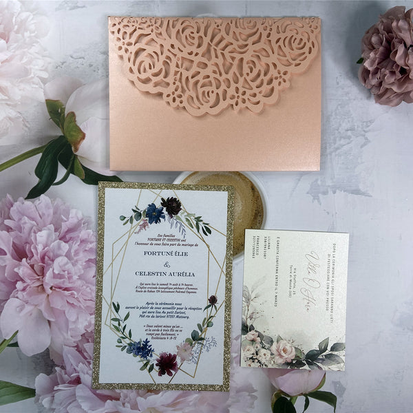 Pink Laser Cut Wedding Invitation with Floral and Champagne Gold Glittery Backer LCZ239