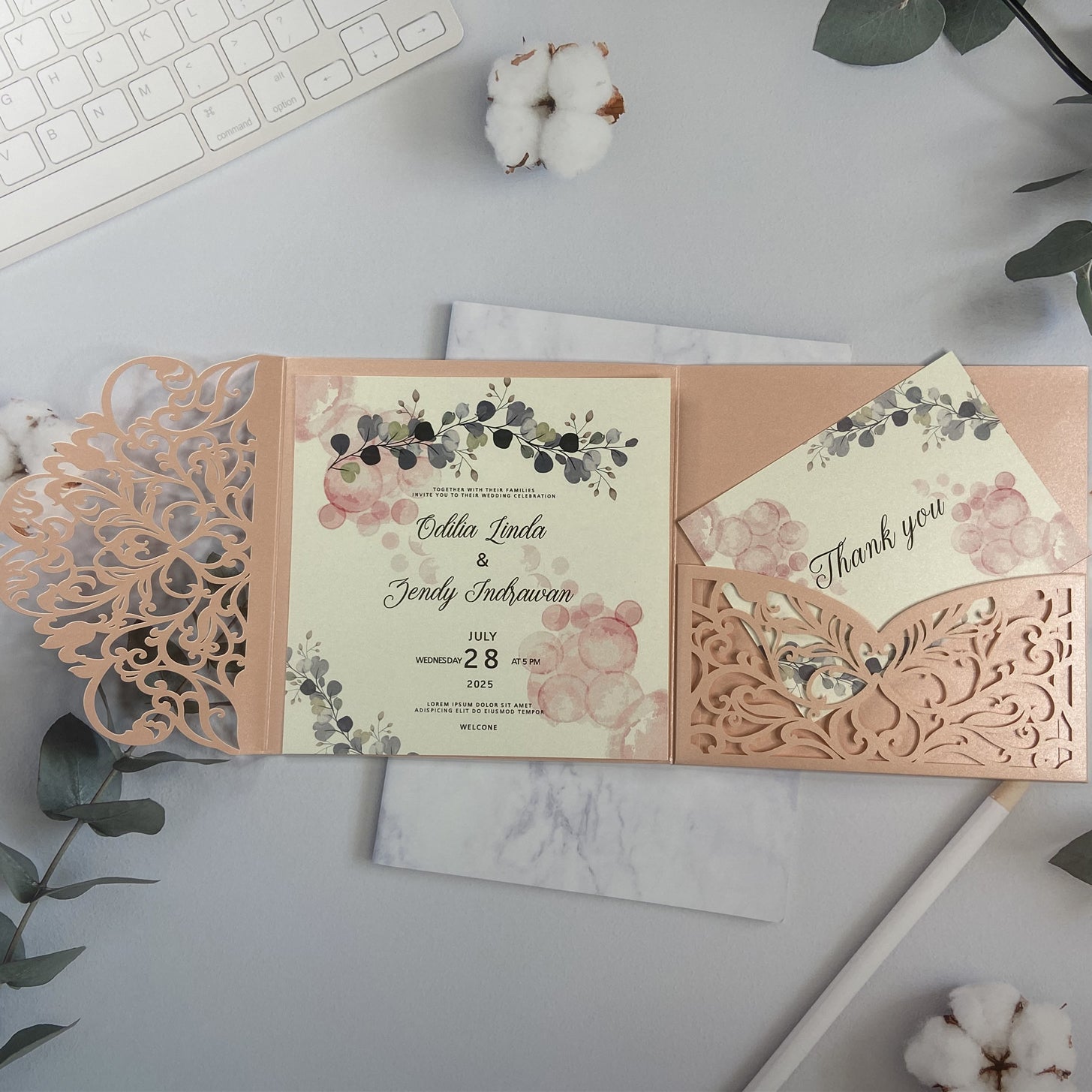 Pink Square Greenery Tri-fold Laser Cut Wedding Invites LCZ220