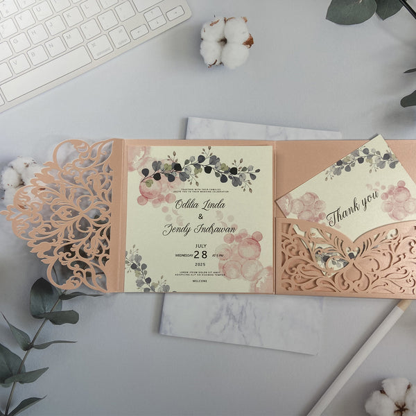 Pink Square Greenery Tri-fold Laser Cut Wedding Invites LCZ220