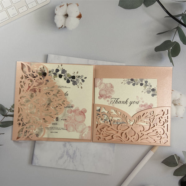 Pink Square Greenery Tri-fold Laser Cut Wedding Invites LCZ220