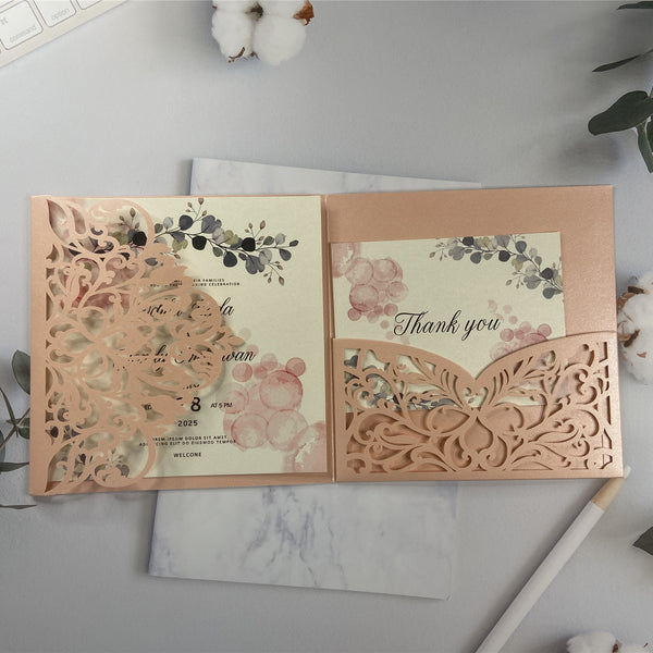 Pink Square Greenery Tri-fold Laser Cut Wedding Invites LCZ220