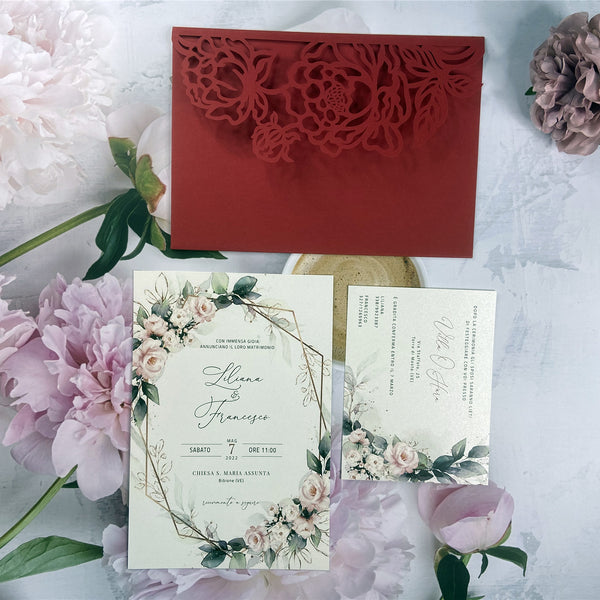 Red Flower Cutout Laser Cut Wedding Invitation with Greenery and Floral Design LCZ245