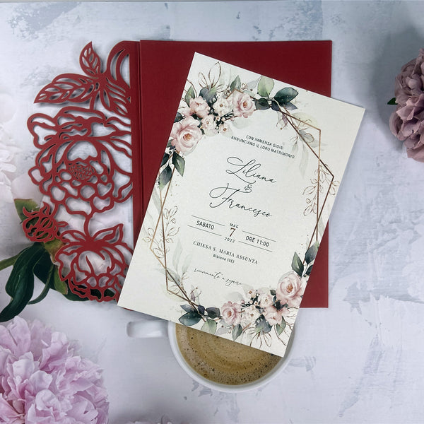 Red Flower Cutout Laser Cut Wedding Invitation with Greenery and Floral Design LCZ245