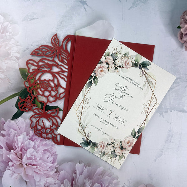 Red Flower Cutout Laser Cut Wedding Invitation with Greenery and Floral Design LCZ245