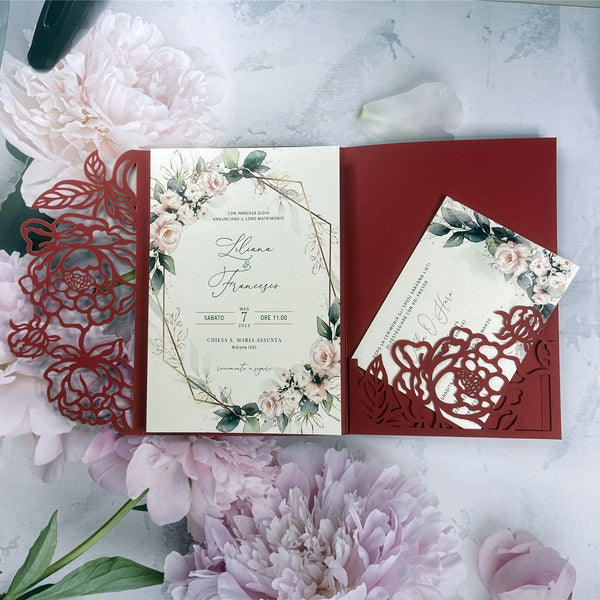 Red Flower Cutout Laser Cut Wedding Invitation with Greenery and Floral Design LCZ245