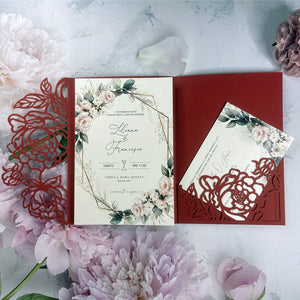 Red Flower Cutout Laser Cut Wedding Invitation with Greenery and Floral Design LCZ245