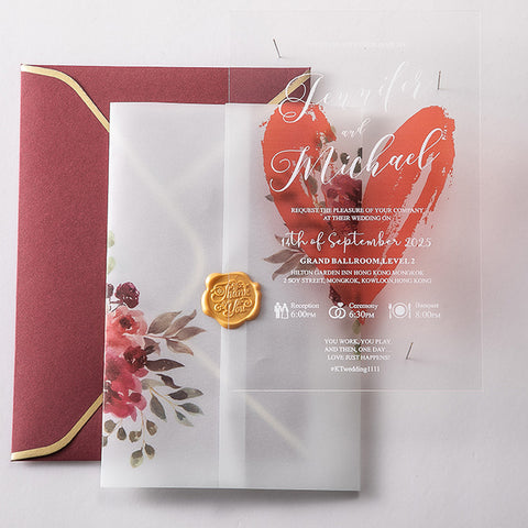 Romantic Clear Acrylic Wedding Invitation with Heart and Vellum Pocket A037