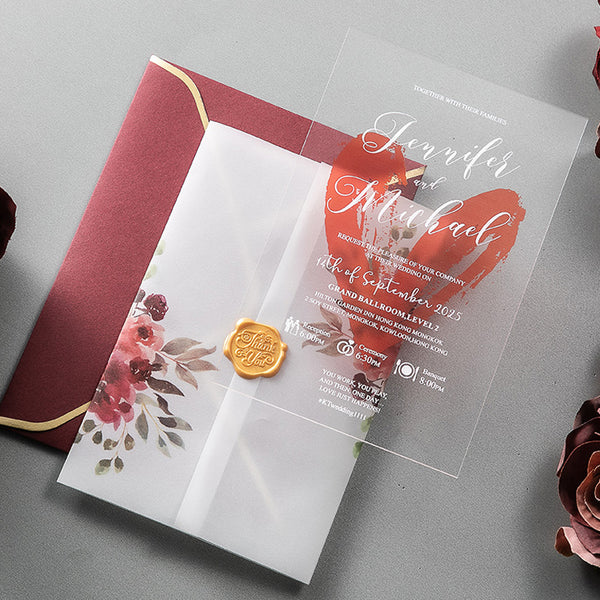 Romantic Clear Acrylic Wedding Invitation with Heart and Vellum Pocket A037
