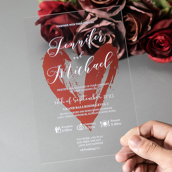 Romantic Clear Acrylic Wedding Invitation with Heart and Vellum Pocket A037