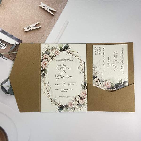 Rustic Brown Kraft Pocket Fold Wedding Invitations with Pink Flowers and Greenery LCZ232