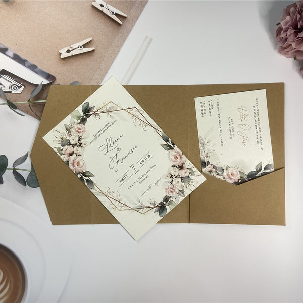 Rustic Brown Kraft Pocket Fold Wedding Invitations with Pink Flowers and Greenery LCZ232