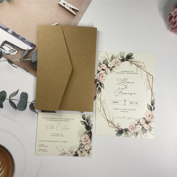 Rustic Brown Kraft Pocket Fold Wedding Invitations with Pink Flowers and Greenery LCZ232