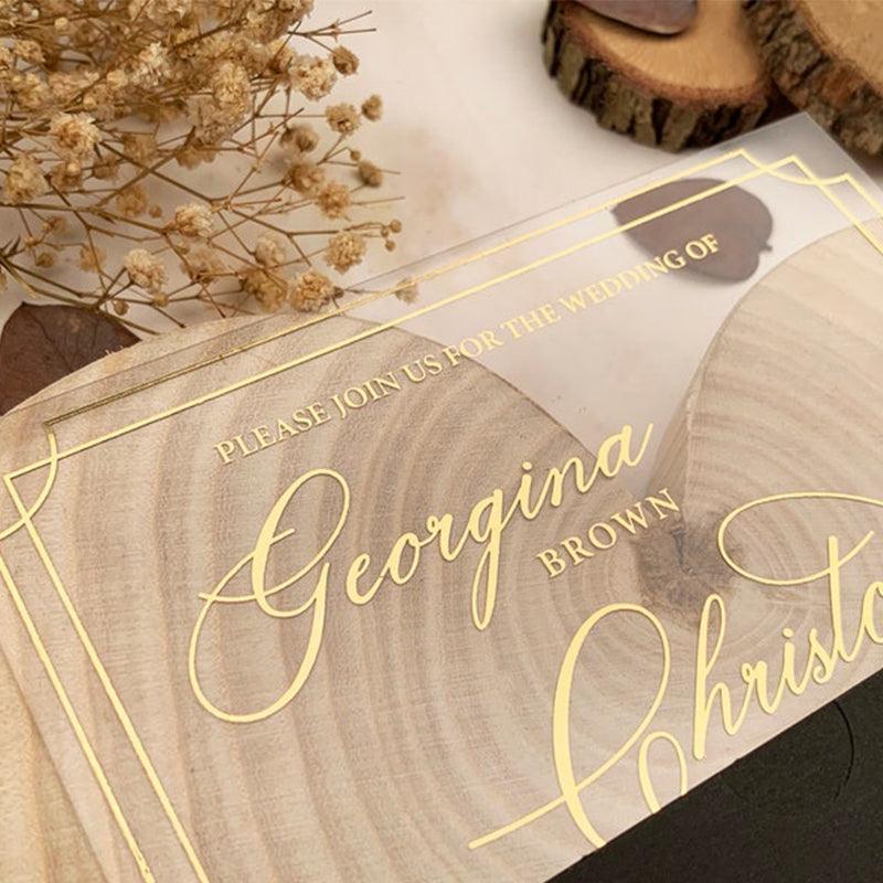Square Clear Acrylic Invitation with gold foil A052 – Amazepaperie