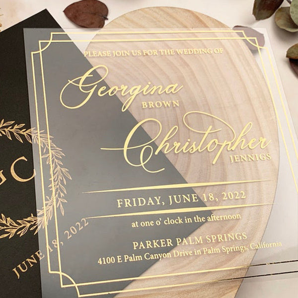 Square Clear Acrylic Invitation with gold foil A052