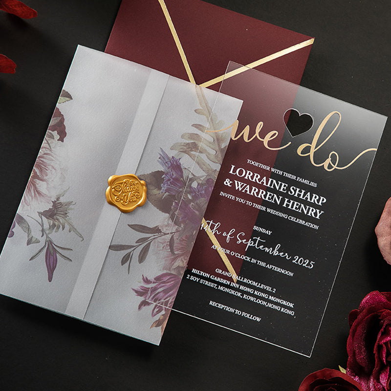 Stunning Transparent Acrylic Wedding Invite with Burgundy Envelope A039