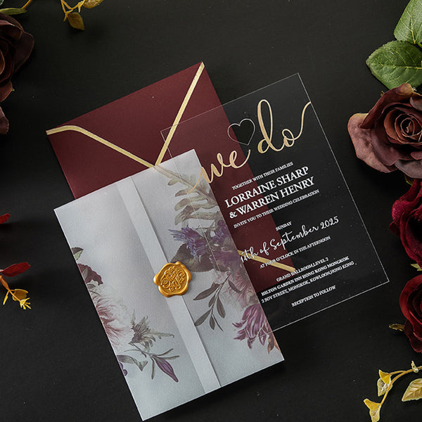 Stunning Transparent Acrylic Wedding Invite with Burgundy Envelope A039