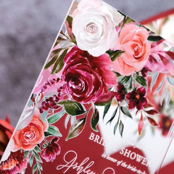 Stylish Burgundy Acrylic Wedding Invitations with flowers A006