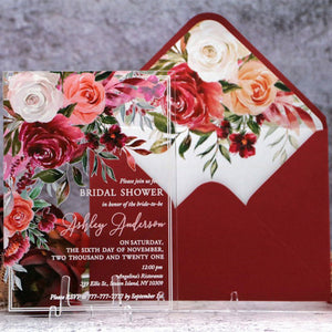 Stylish Burgundy Acrylic Wedding Invitations with flowers A006