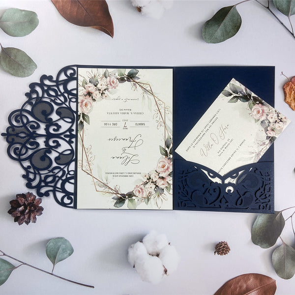 Timeless Navy Blue Laser cut Tri-fold Wedding Invitations with Pink Flowers LCZ231